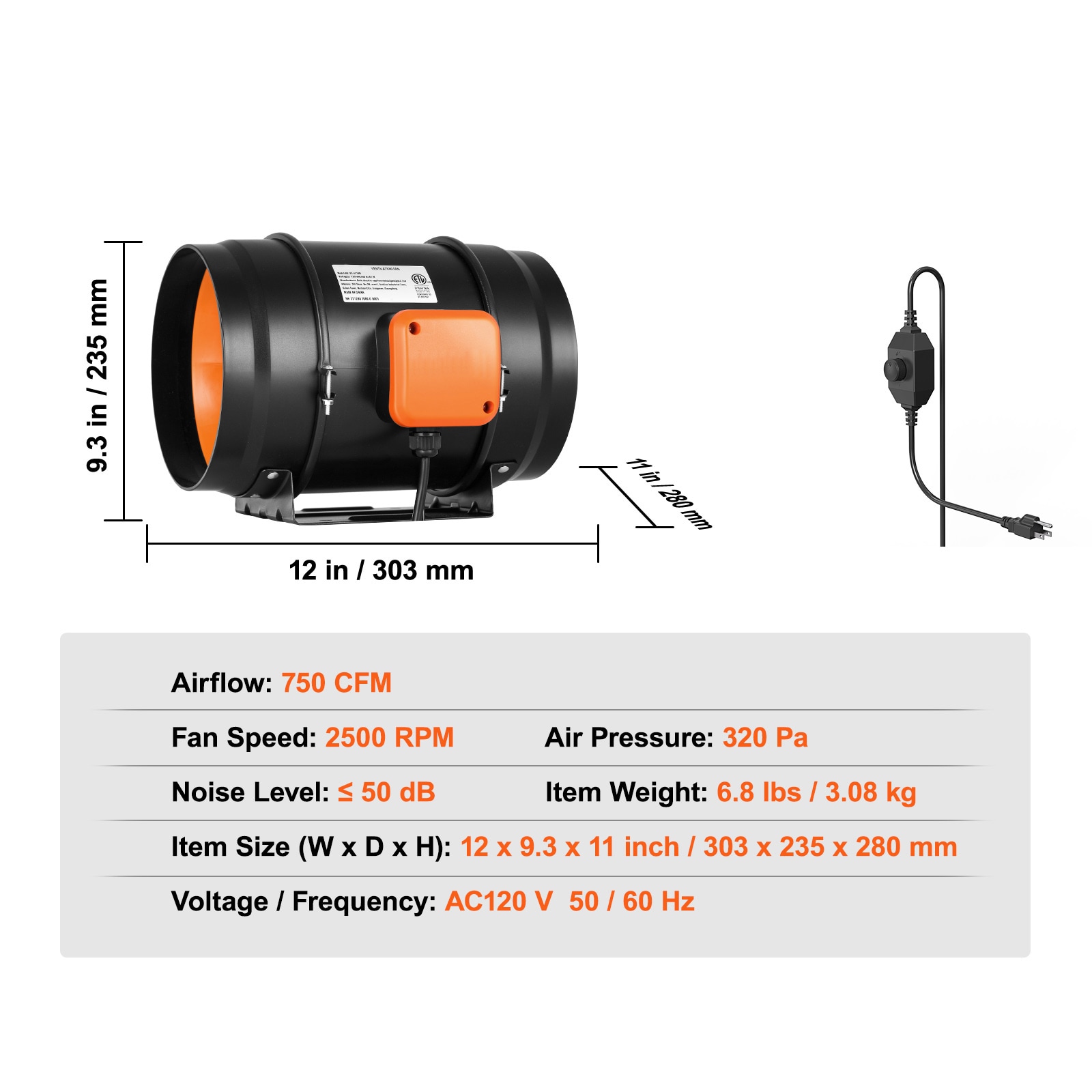 8 Inch Inline Duct Fan HVAC Exhaust Blower Kit AC Variable Speed Control_voghion.com